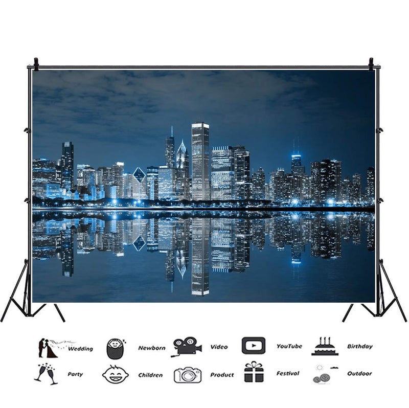 DORCEV 7x5ft Skyline City Night Landscape Photography Backdrop Business Modern City Chicago Downtown Night Background for Party Decoration Birthday Kids Boy Photoshoot Photo Background Props - Image 2
